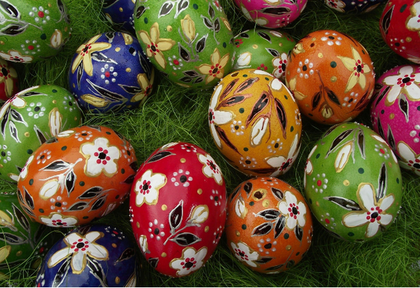 Ostereier im Gras liegend farbig